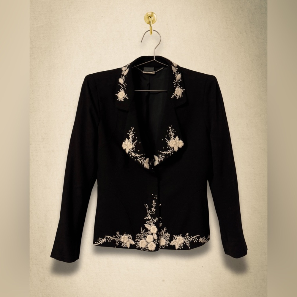 Alexander McQueen Vintage 2006 Black Wool Blazer with Cream Embroidered Florals